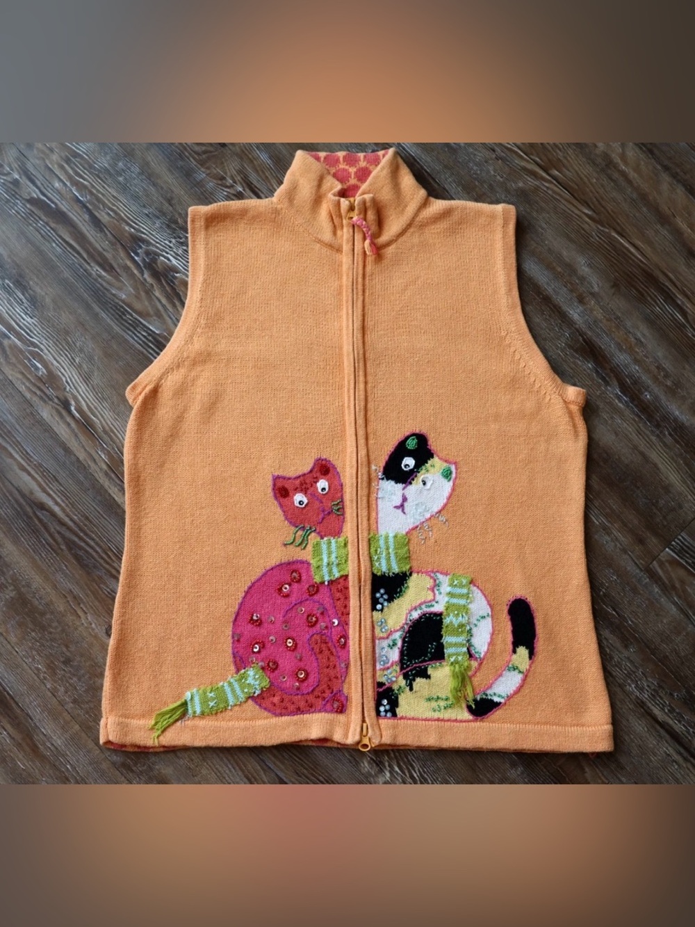 Vintage Susan Bristol Cat Embroidered Beaded Sequin Zip Sweater Vest Womens L